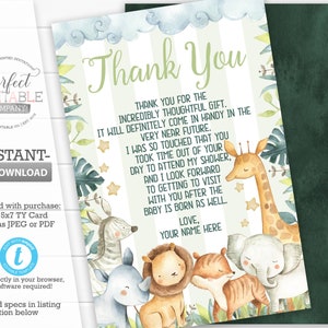 Safari Baby Shower Thank You Card, Safari Baby Shower Thank You Note, Jungle Baby Shower Thank You Card, Editable Template #889