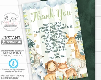 Safari Baby Shower Thank You Card, Safari Baby Shower Thank You Note, Jungle Baby Shower Thank You Card, Editable Template #889