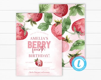 Watercolor Strawberry Birthday Invitation – Editable Template