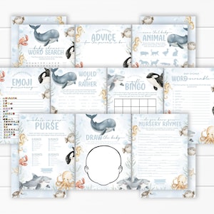 Ocean Animal Baby Shower Game Set - Under the Sea Baby Shower Activity - Whale Game Package Bundle - Printable Instant Download #2123