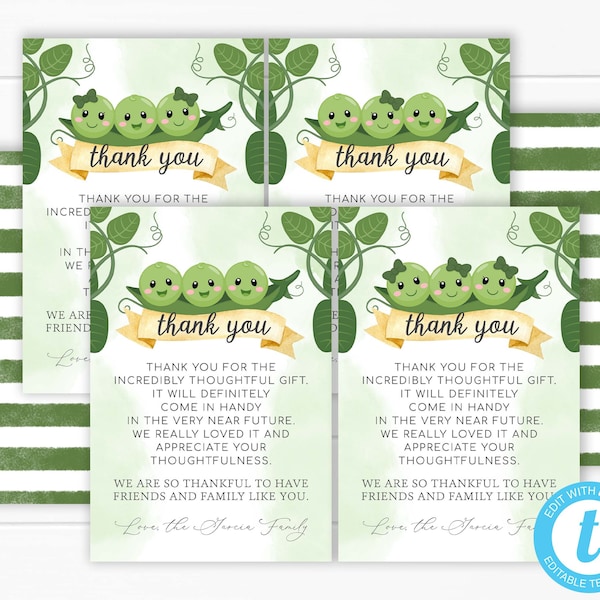 Three Peas in a Pod Baby Shower Thank You Card, Sweet Pea Thank You Note, Triplet Boy Girl, Printable Editable Thank You Card Template #1095