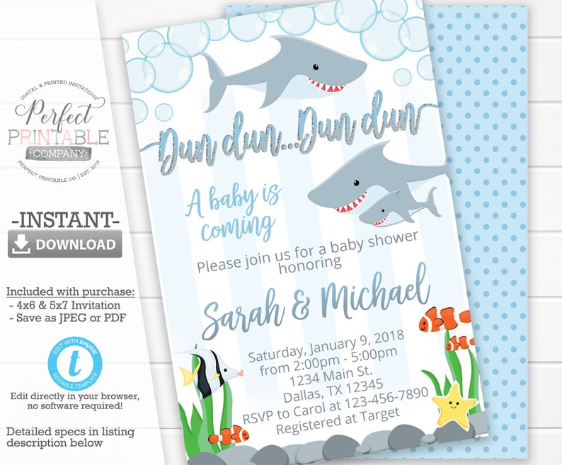 Shark Baby Shower Invitation, Shark Invitation, Shark Baby Shower Invite, Shark Baby Sprinkle Invitation, Its a Boy, Editable Template 595 image 1