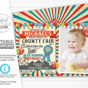 County Fair Birthday Einladung, County Fair Einladung, Karneval Einladung, Big Top Zelt Einladung, Rot und Blau, Editierbare Vorlage #565