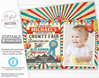 County Fair Birthday Invitation, County Fair Invite, Carnival Invitation, Big Top Tent Invitation, Red and Blue, Editable Template #565