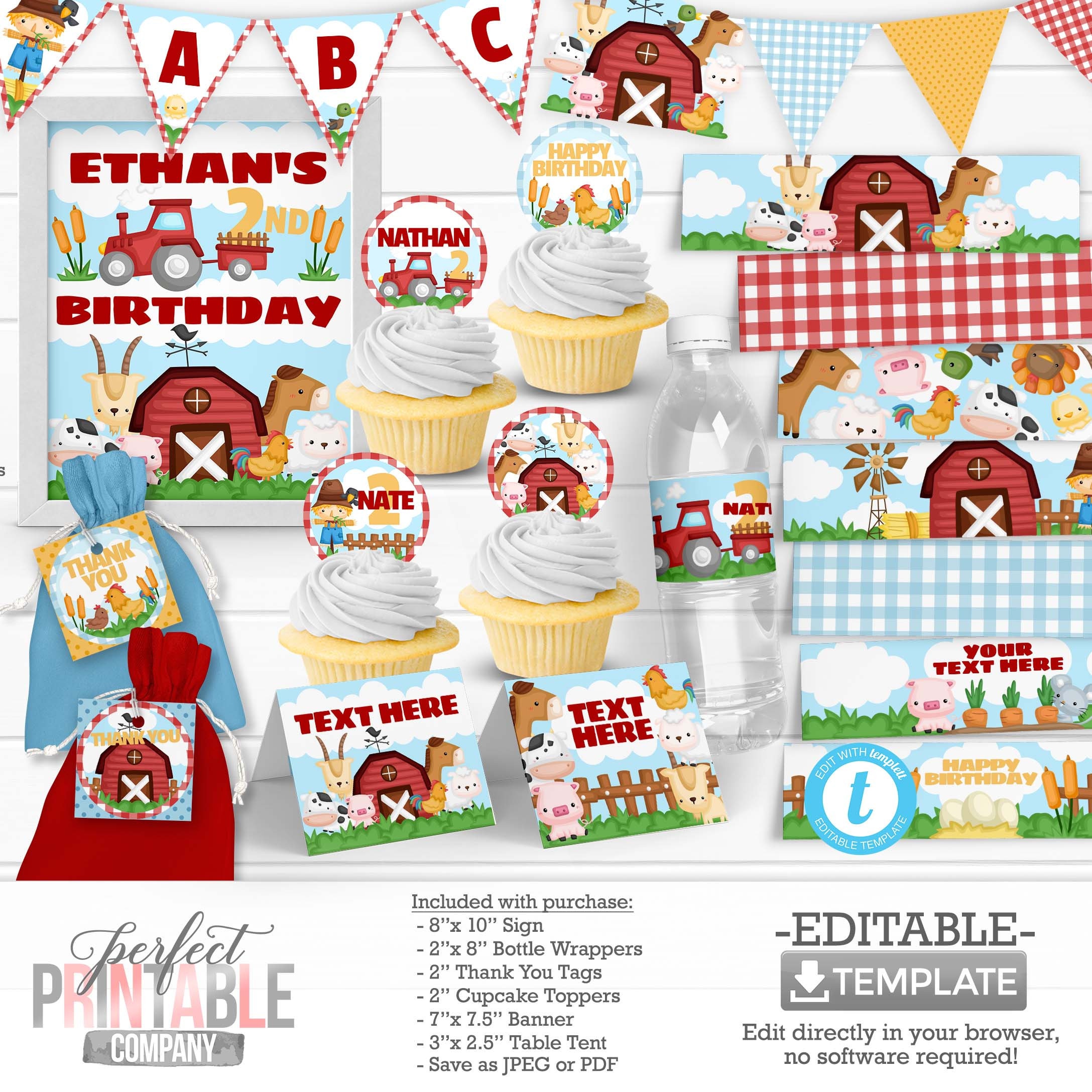 Farm Animal Birthday Party Decorations Old McDonald Barnyard Water Bottle Label Wrapper Banner Table Tent Cupcake Toppers