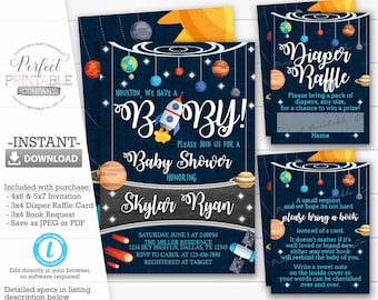 Outer Space Baby Shower Invitation Set, Planet Baby Shower Invitation Kit, Solar System Baby Shower Package, Editable Template #586