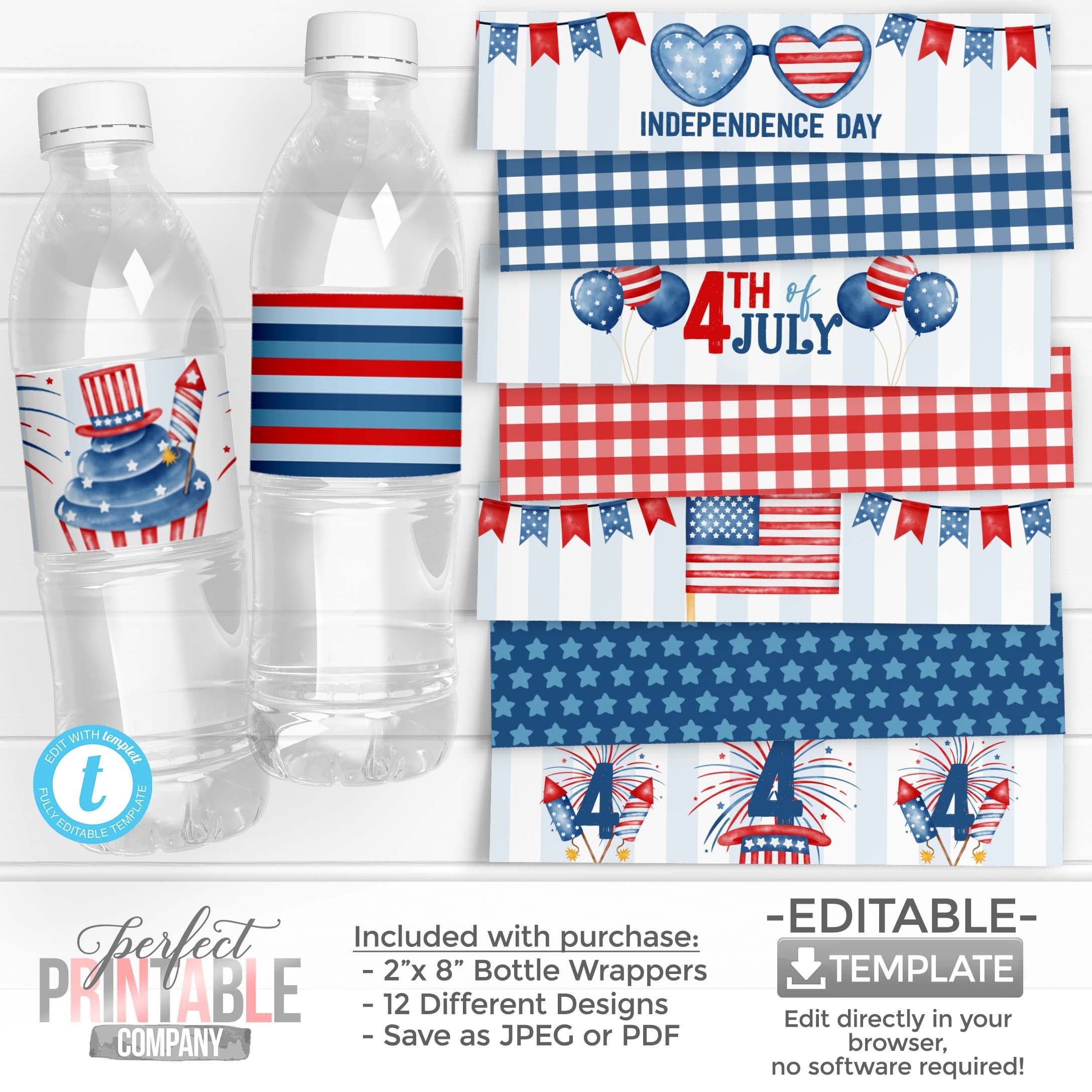 July 4th Water Bottle Labels, 4th of July Water Bottle Wrappers, Independence Day Decorations, 4th of July BBQ Block Party Decorations #1082