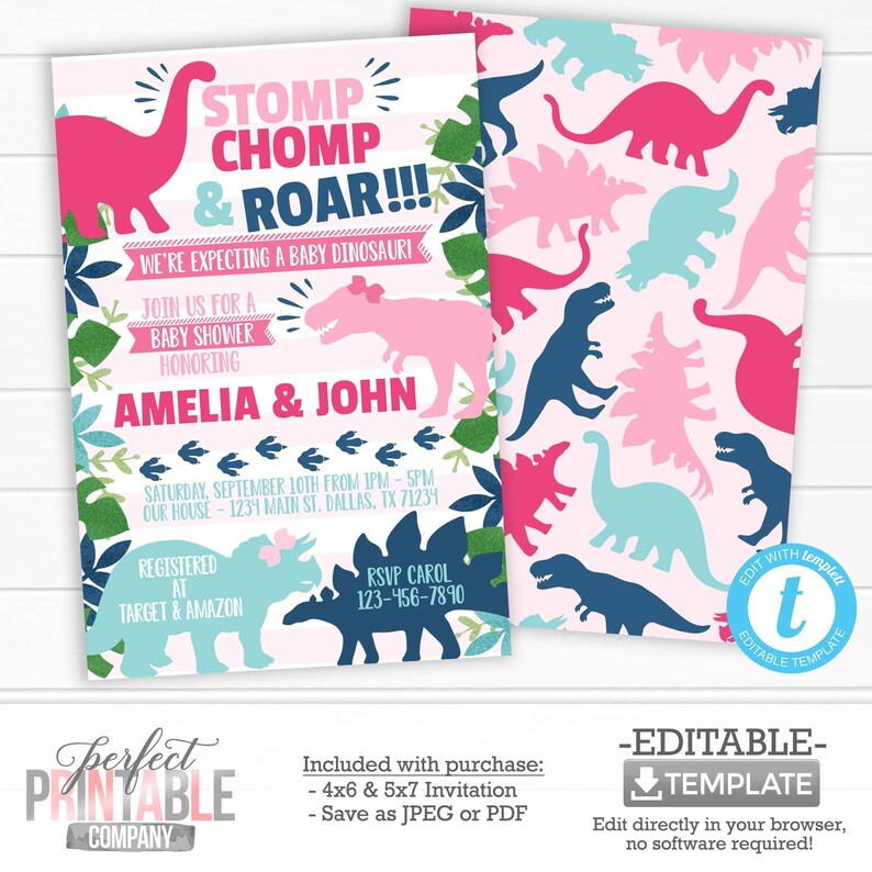 Dinosaur Baby Shower Invitation Girl Dinosaur Invitation Etsy