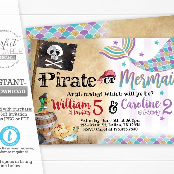 Pirate or Mermaid Invitation, Pirate or Mermaid Birthday Party Invitation, Pirate or Mermaid Invite, Sibling, Twins, Editable Template #675