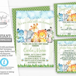 Safari Jungle Baby Shower Invitation Set, Kit, Package, Bundle, Invite, Diaper Raffle Card, Book Request, Insert, Editable Template #772