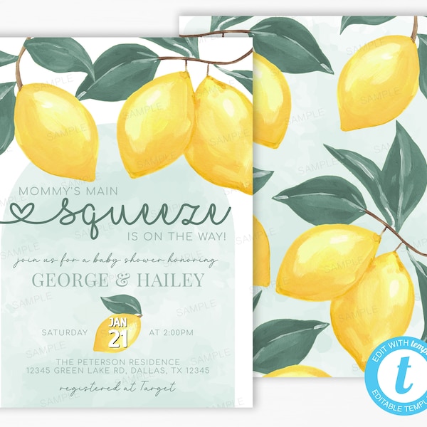 Lemon Baby Shower Invitation, Mommy's Main Squeeze Baby Shower Invite, Citrus Lemonade Baby Shower Invitation, Editable Template #2020