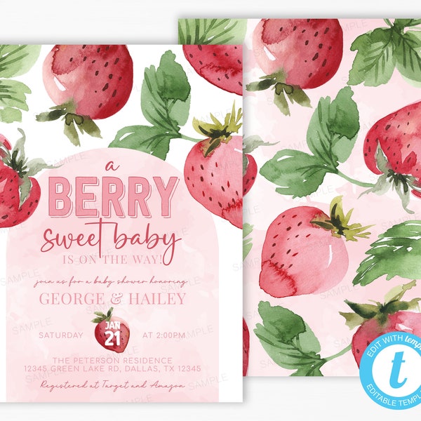 Strawberry Baby Shower Invitation, Berry Baby Shower Invite, Farmers Market Festival Baby Sprinkle Card, Printable Editable Template #2029