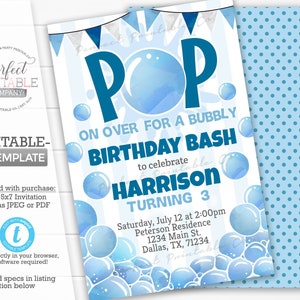Bubble Birthday Invitation, Bubble Invite, Balloon Birthday Invitation, Summer Invitation, Pop On Over, Bubbly, Editable Template #804