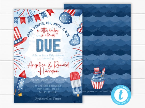 4th of July Baby Shower Invitation, Independence Day Invite, Red