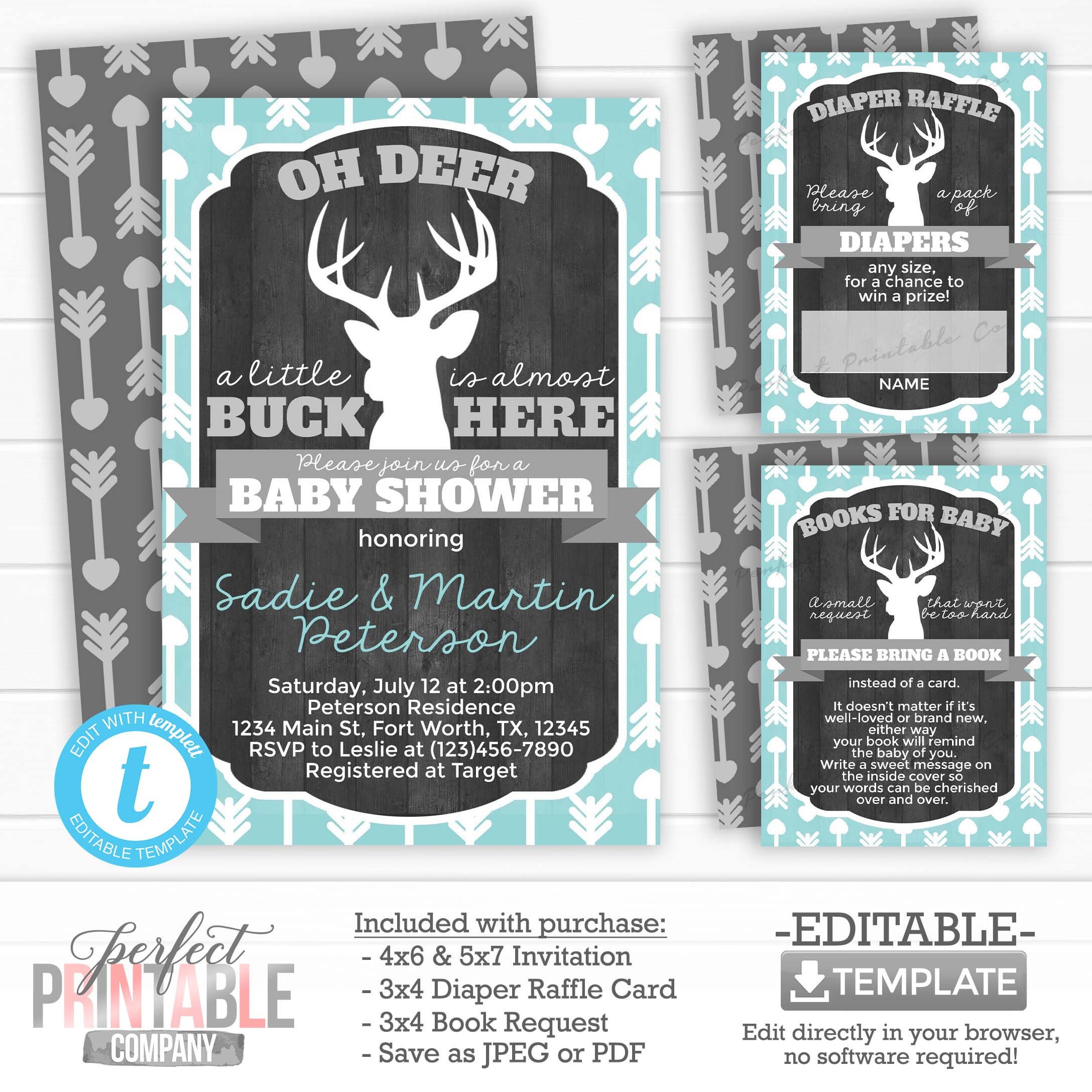 Deer Antler Thank You Note Baby Shower Birthday Party Deer Antler Thank You Card Teal Mint Gray Editable Template #953 Tribal Rustic