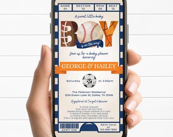 Pode incluir: Um smartphone exibe um convite para um chá de bebê com tema esportivo. O convite apresenta a palavra "BOY" com um design de futebol americano e beisebol, juntamente com os nomes George & Hailey. A data é 20 de fevereiro.