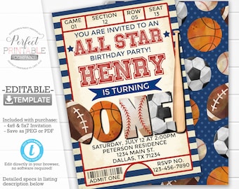 Könnte beinhalten: Eine blau-weiß gestreifte Ticket-Einladung zu einer All Star Geburtstagsparty für Henry, der ein Jahr alt wird. Die Einladung zeigt einen Ticketstub mit dem Text "Game 01, Section 12, Row 05, Seat 13" und einen Baseball, Basketball, Football und Fußball.