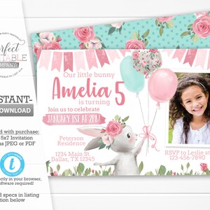 Floral Bunny Birthday Invitation, Some Bunny is Turning One Invitation, Pink Bunny 1st Birthday Invitation, Chic Bunny Rabbit Invite #931