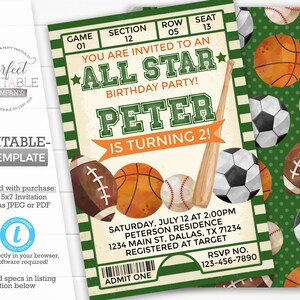 Sports Birthday Invitation, All Star Birthday Invitation, Sports Ticket Invite, Basketball Football Baseball Soccer, Editable Template #946