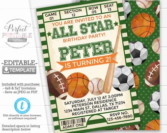 Sports Birthday Invitation, All Star Birthday Invitation, Sports Ticket Invite, Basketball Football Baseball Soccer, Editable Template #946