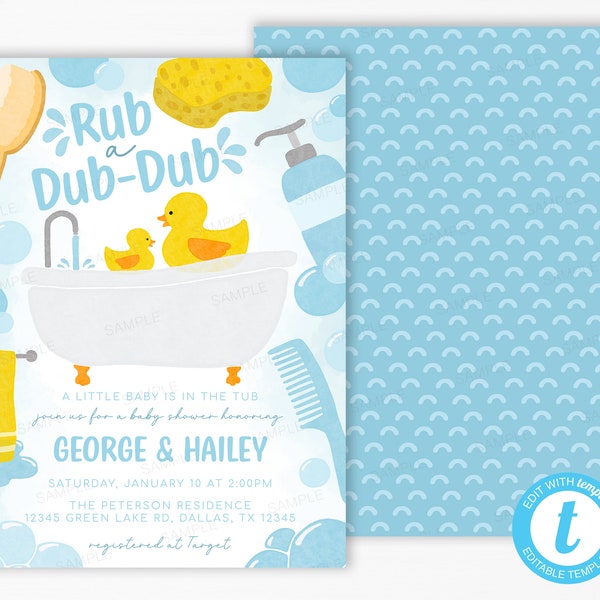 Rubber Duck Baby Shower Invitation - Rubber Ducky Invite - Rub a Dub Dub - Expecting Pregnancy Announcement - Editable Template #2100