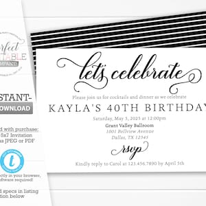 Lets Celebrate Invitation, Lets Celebrate Invite, Birthday Party Invitation, Black and White Stripes, Printable Editable Template #938