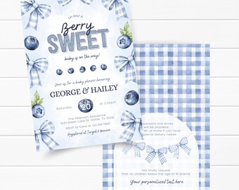 Convite para Chá de Bebê com Tema de Mirtilo, Convite Doce com Frutas Vermelhas, Tema Menino de Verão, Modelo Editável do Canva