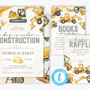Bau Baby Shower Einladung Bundle, Windel Tombola Karte, Bücher für Baby Antrag einfügen, Kipplaster einladen, bearbeitbare Vorlage #2033