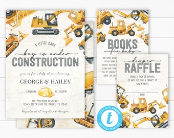 Construction Baby Shower Invitation Bundle, Diaper Raffle Card, Books for Baby Request Insert, Dump Truck Invite, Editable Template #2033