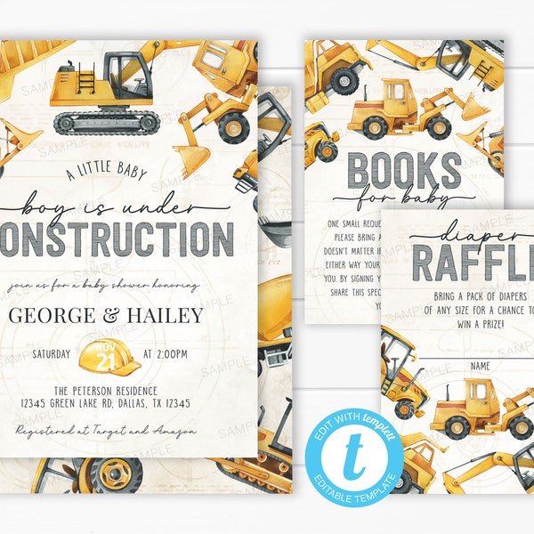 Construction Baby Shower Invitation Bundle, Diaper Raffle Card, Books for Baby Request Insert, Dump Truck Invite, Editable Template #2033