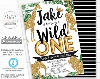 Wild One Birthday Invitation, Safari Jungle Animals Birthday Party Invitation, Black Gold Glitter, Boy 1st Birthday, Editable Template #936