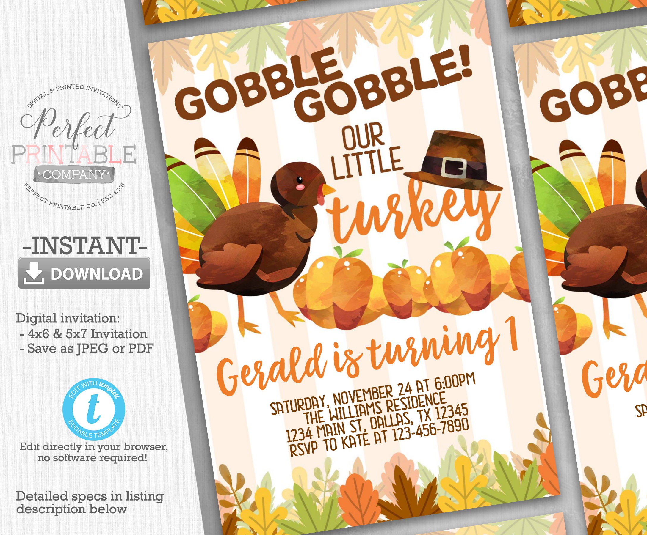 turkey birthday invitation, turkey invitation, turkey invite, fall