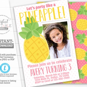 Pink Pineapple Birthday Invitation, Girl Pineapple Invite, Summer Birthday Invitation, Party like a Pineapple, Photo, Editable Template #924