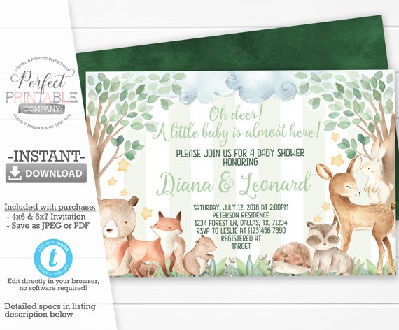 Bear Fox Owl Forest Friends Printable Baby Shower Invitation Editable PDF