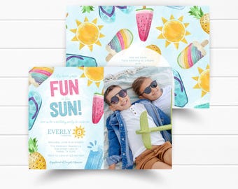 Fun in the Sun Birthday Invitation, Popsicle Summer Invite, Beach Bash Party, Child Photo Invitation, Canva Editable Template