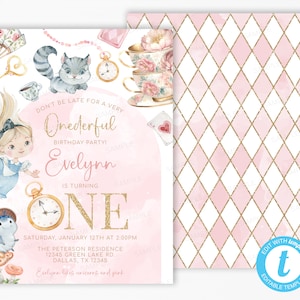 Alice in Wonderland Birthday Invitation, Alice in ONEderland Invite, 1st Birthday turning ONE, Tea Party Invitation, Editable Template #2102