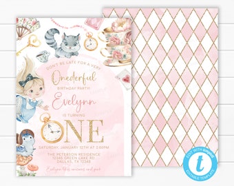 Alice in Wonderland Birthday Invitation, Alice in ONEderland Invite, 1st Birthday turning ONE, Tea Party Invitation, Editable Template #2102