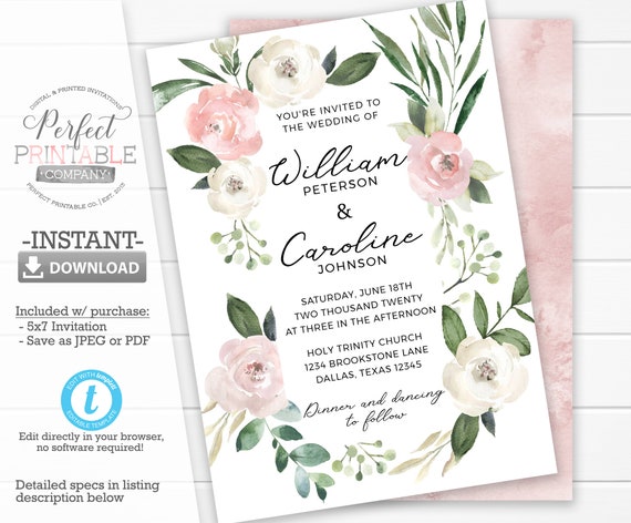 Printable Flower Wedding Invitations Blush Floral Wedding Invitation Set Do-It-Yourself Romantic Pink Peonies Roses Angela