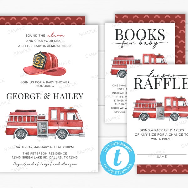 Minimal Red Firetruck Baby Shower Invitation Bundle, Diaper Raffle Card, Books for Baby Request Insert, Editable Template #2035