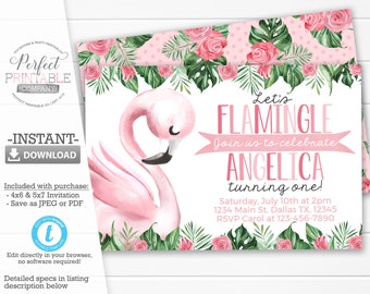 Flamingo-Geburtstags-Einladung, Flamingo-Einladung, tropische Flamingo-Einladung, rosa Flamingo-Geburtstags-Party-Einladung, bearbeitbare Vorlage #937