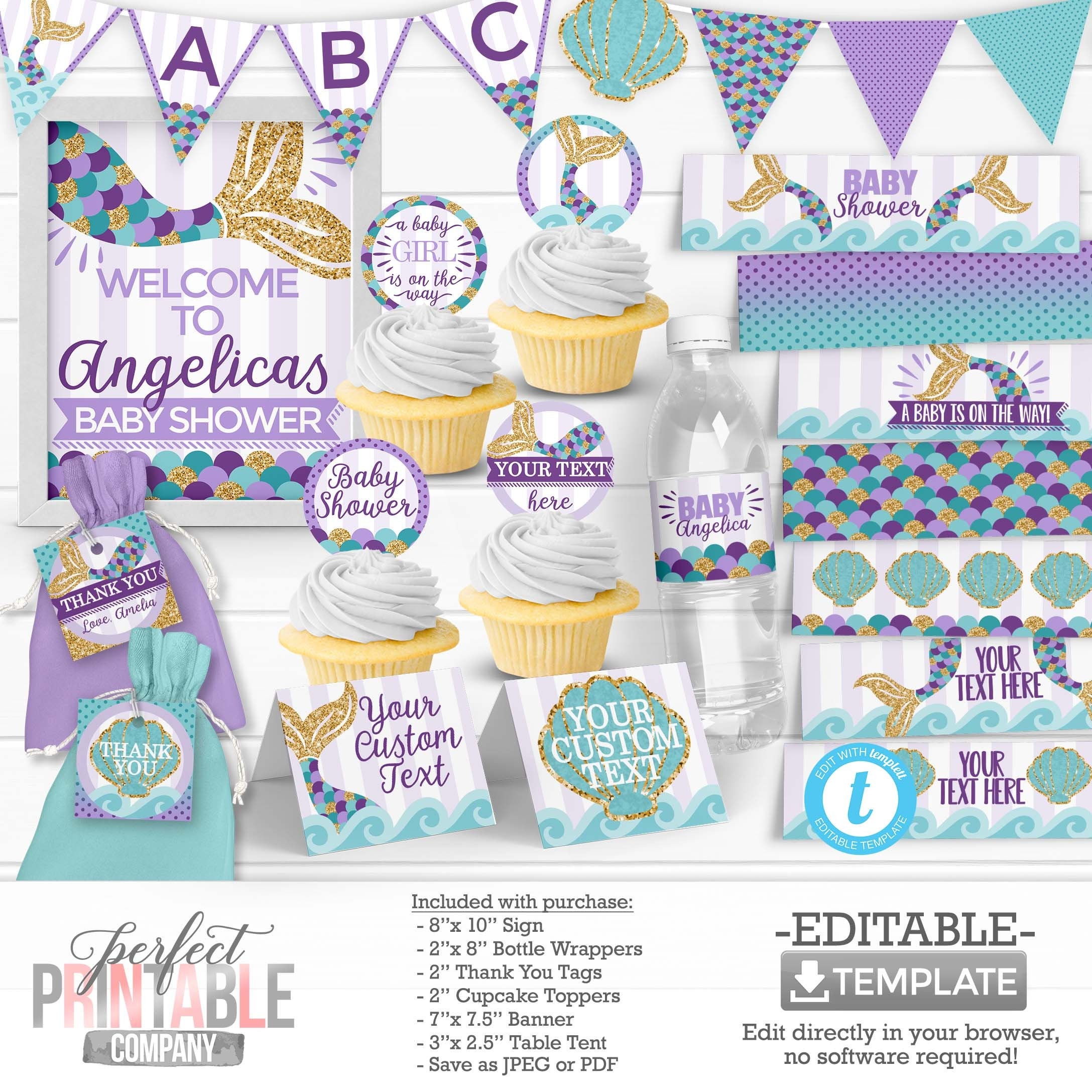 Mermaid Baby Shower Decorations Mermaid Theme Water Bottle Wrapper Banner Table Tent Cupcake Toppers Welcome Sign Thank You