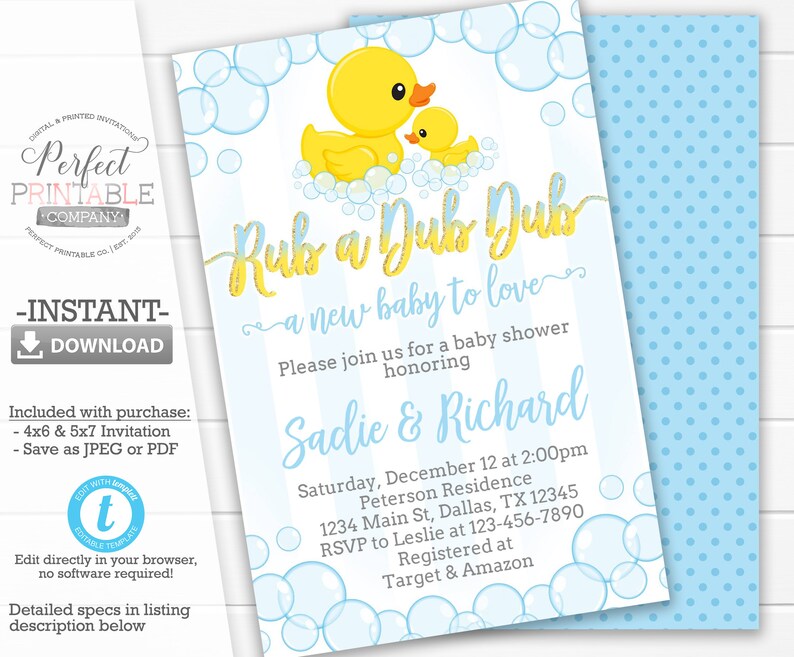 Duck Baby Shower Invitation Rubber Duck Invitation Duck Baby Etsy