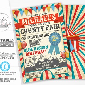 Geburtstagseinladung, County Fair einladen, Karnevalseinladung, Big Top Zelt-Einladung, Rot und Blau, bearbeitbare Vorlage # 565