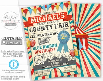 County Fair Birthday Invitation, County Fair Invite, Carnival Invitation, Big Top Tent Invitation, Red and Blue, Editable Template #565