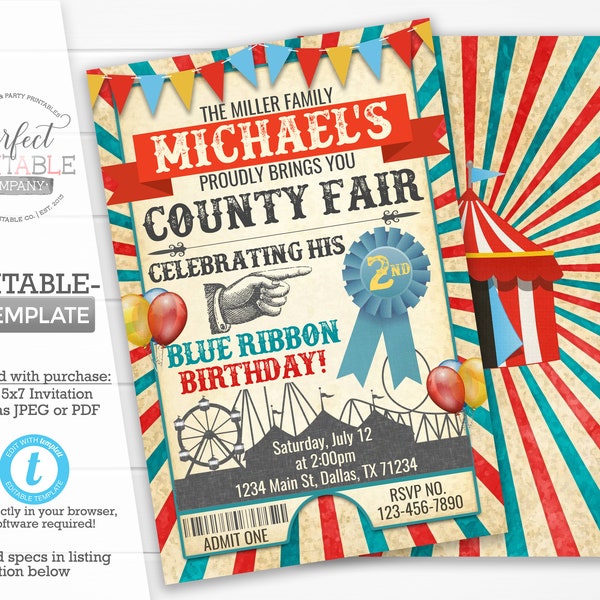 County Fair Birthday Invitation, County Fair Invite, Carnival Invitation, Big Top Tent Invitation, Red and Blue, Editable Template #565