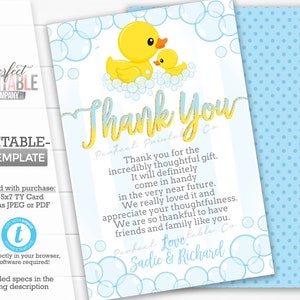 Rubber Duck Thank You Card, Rubber Duck Thank You Note, Rubber Duck Birthday Party, Rubber Duck Baby Shower, Ducky, Editable Template #591