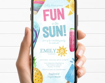 Convite de aniversário com tema de picolé, convite para diversão ao sol, tema festa na piscina de verão, modelo editável para vídeo no Canva