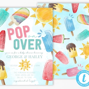 Popsicle Baby Shower Invitation, Popsicle Invite, Summer Baby Shower Invitation, Ice Cream Paleta Pop Snow Cone, Editable Template #2024