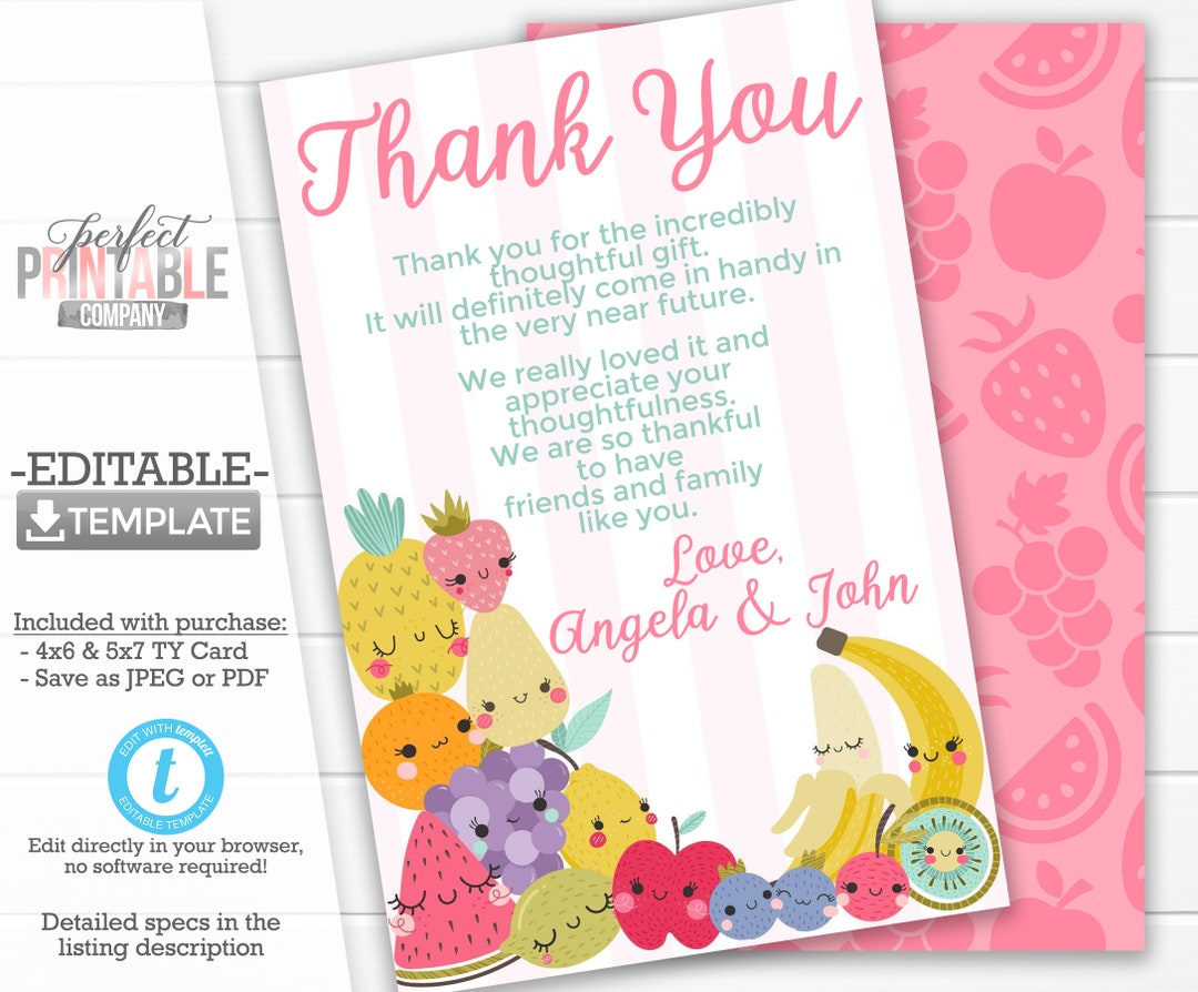 Fruit Thank You Card Fruit Thank You Note Fruit Birthday Etsy