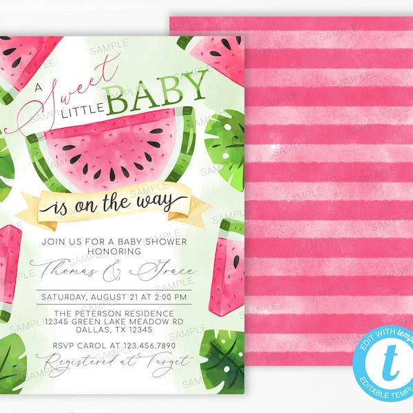 Pink Watermelon Baby Shower Invitation, Tropical Watermelon Baby Sprinkle Invite, A Sweet Little Baby Girl is on the Way, Summer Fruit #1096